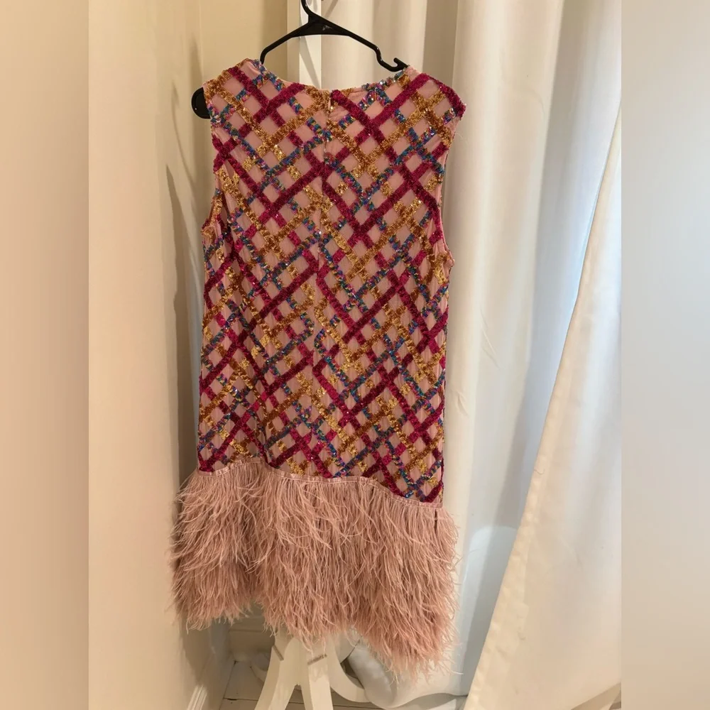 QUEEN OF SPARKLES Pink and Blue Plaid Dress with Feather Hem - Picture 2 of 4
